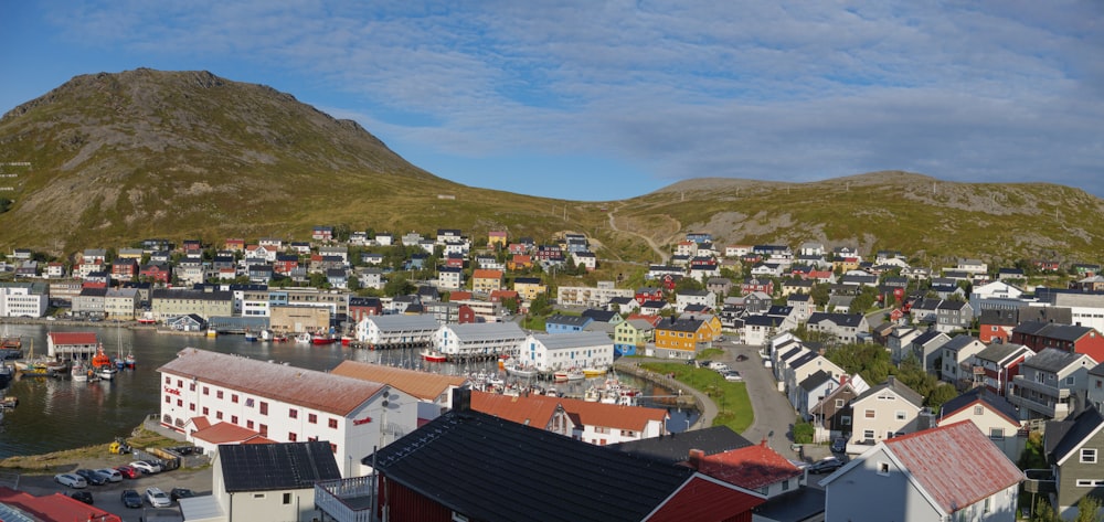 a town with a mountain in the background