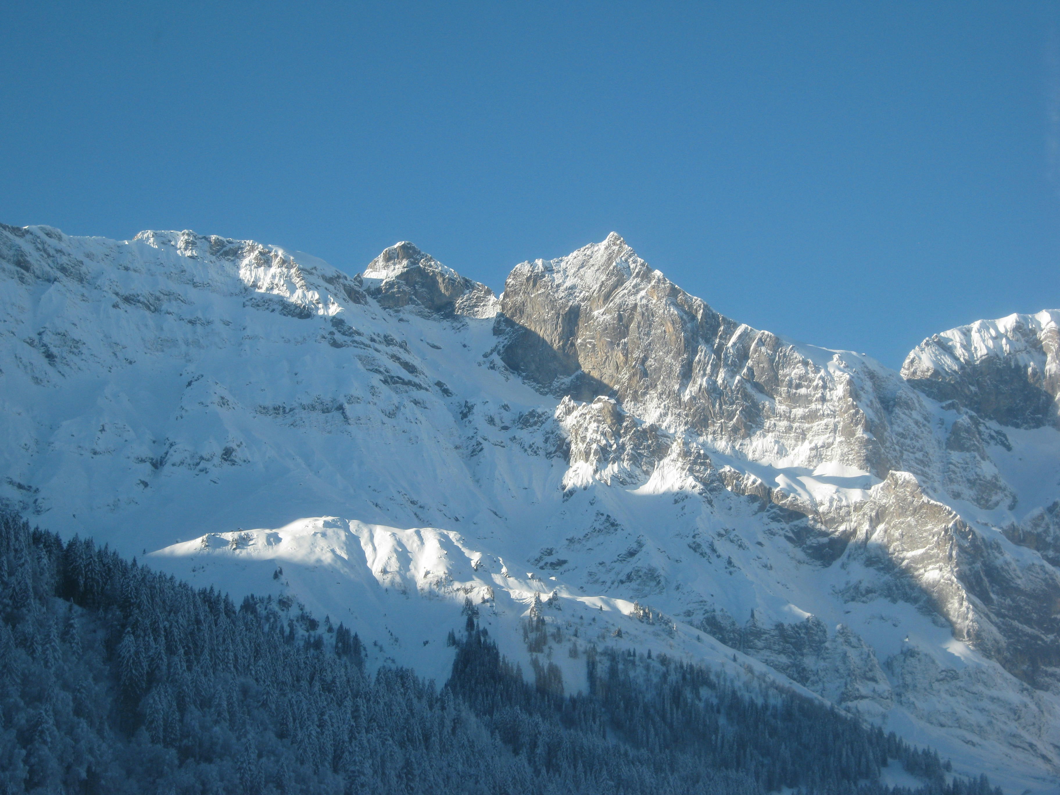 雪に覆われた山と空を背景に