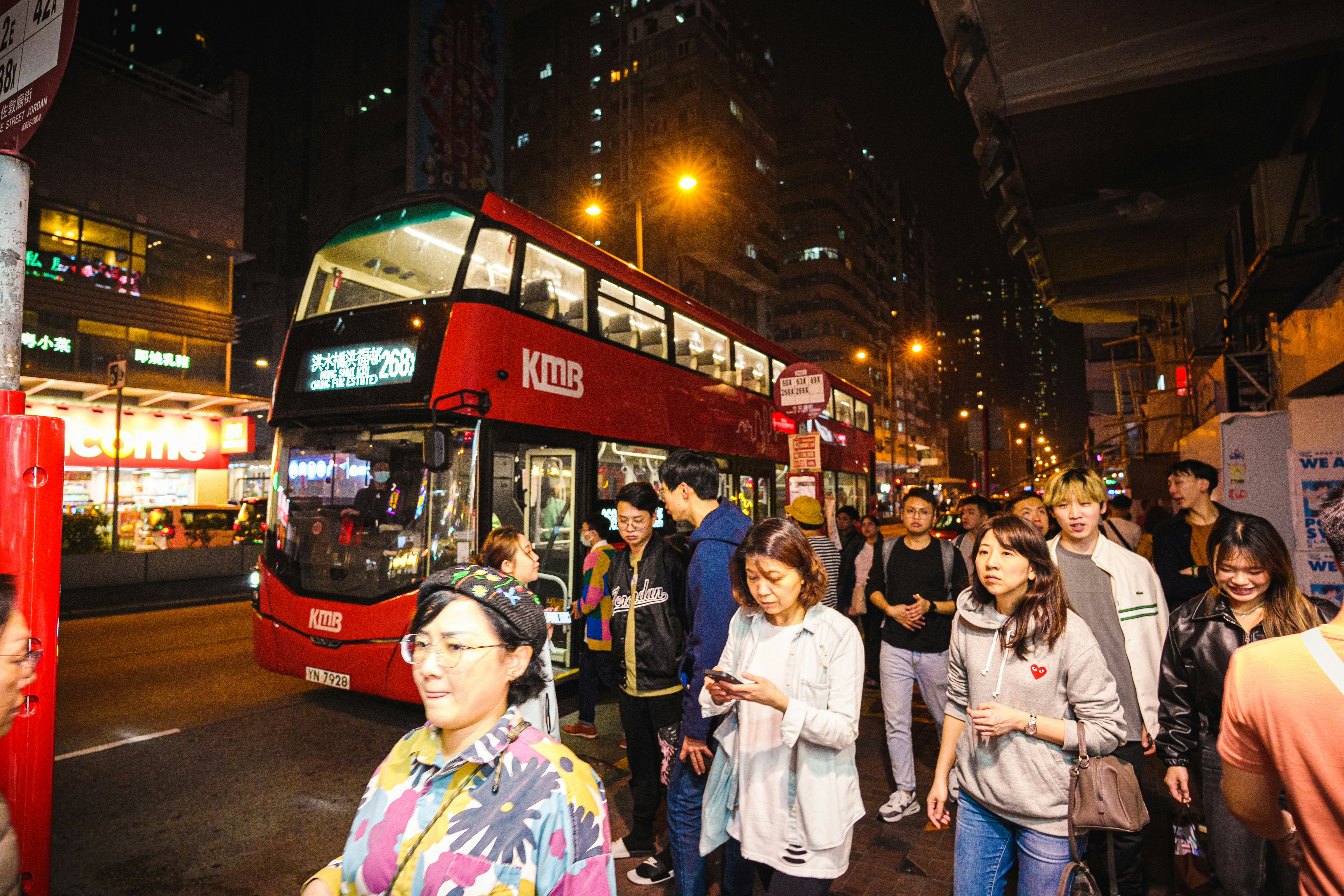 Pedestrians and KMB bus at Nathan Road.