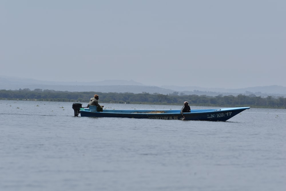 two men in a blue boat on a lake