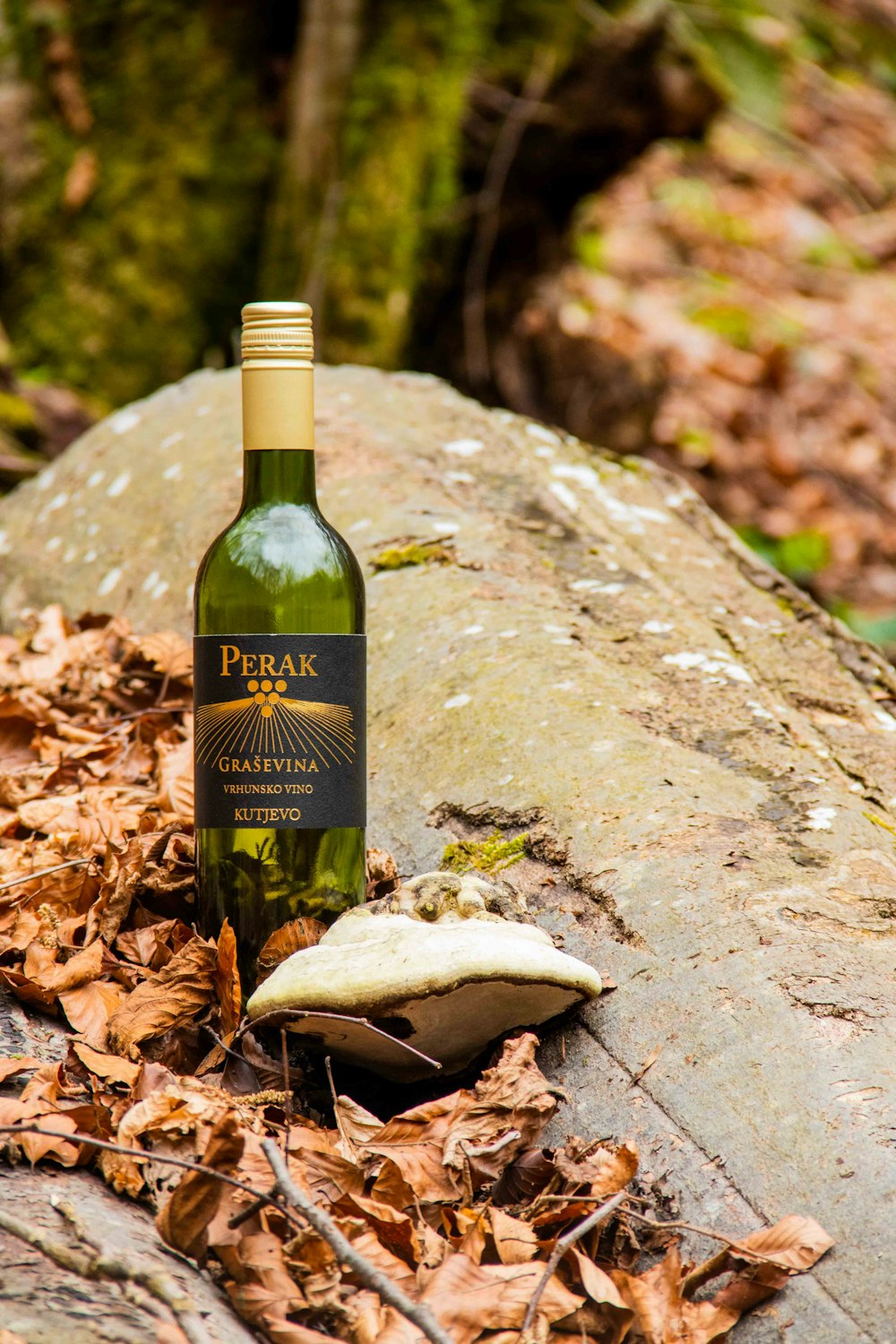 a bottle of wine sitting on top of a rock