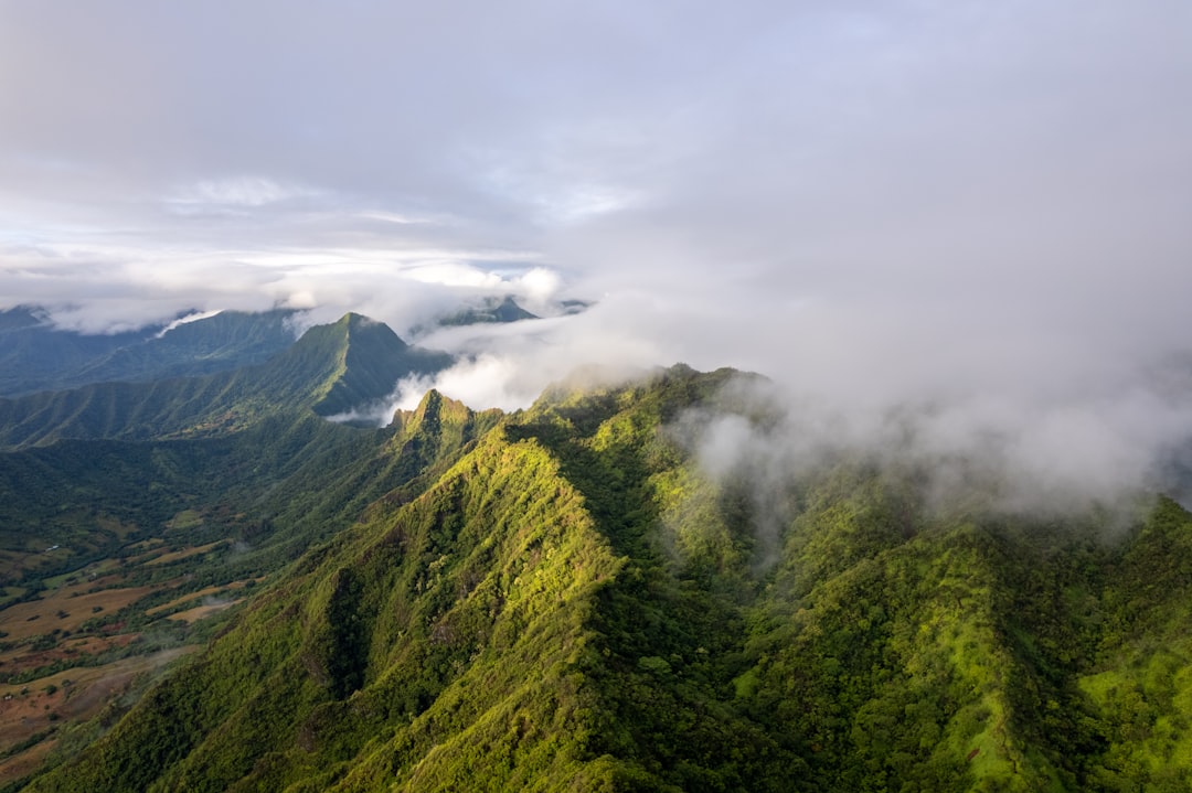 an aerial view of a lush green mountain range,