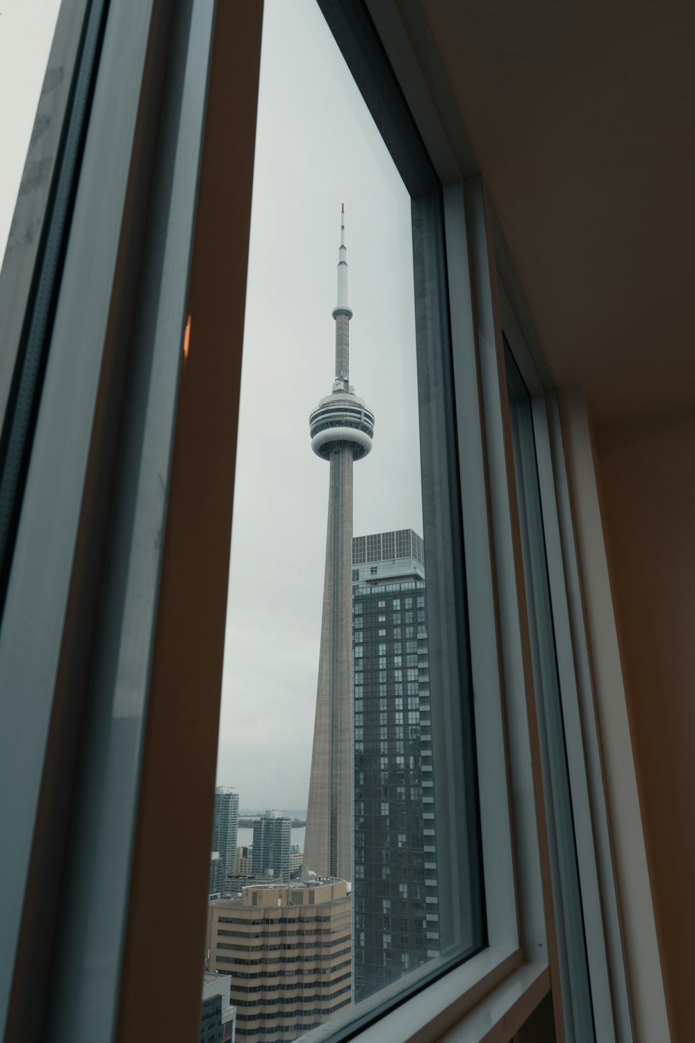 a view of a tall building from a window