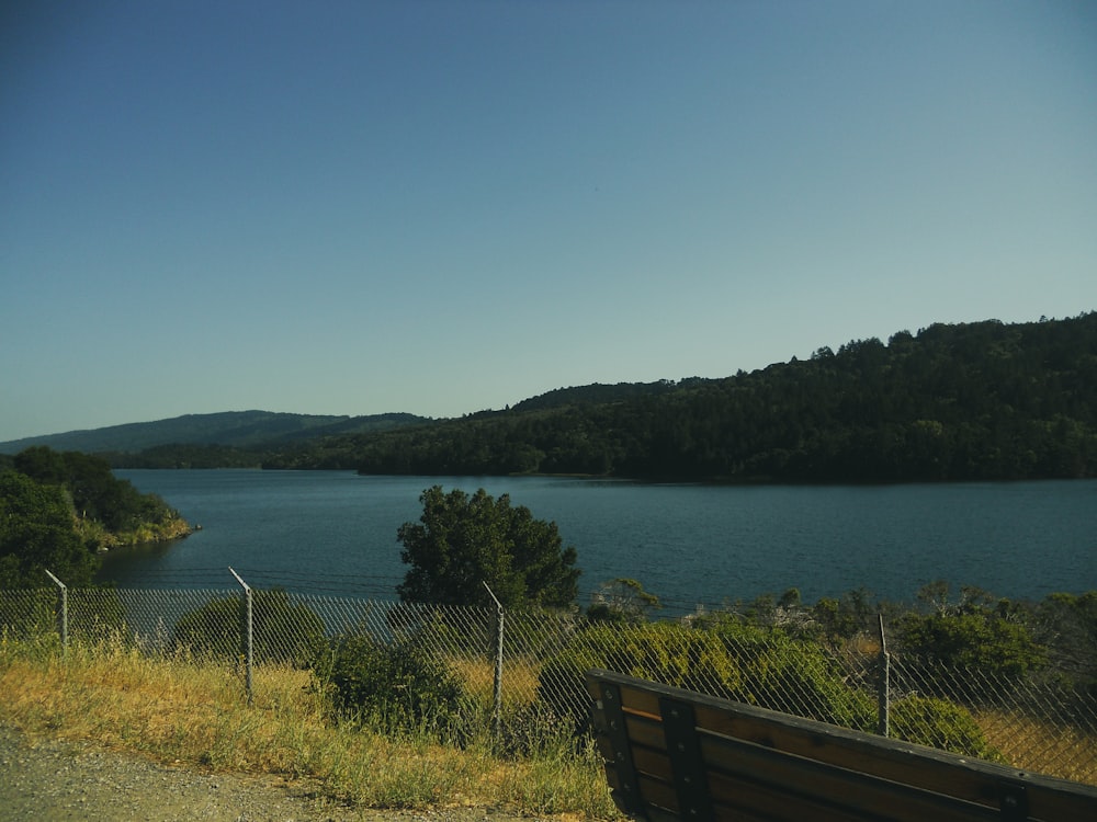 a bench sitting on the side of a road next to a lake