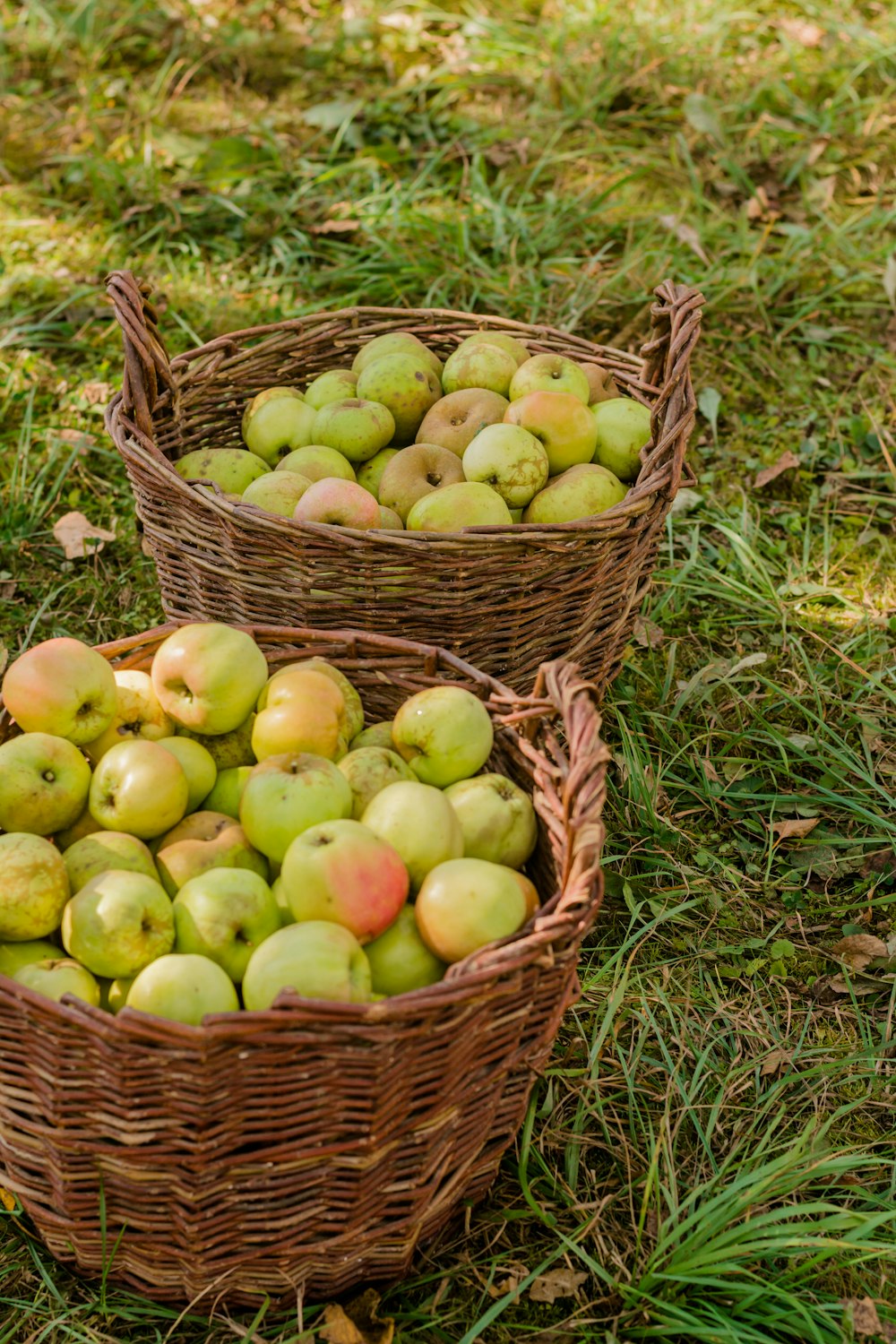 a couple of baskets filled with green apples
