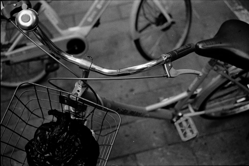 a close up of a bicycle with a basket
