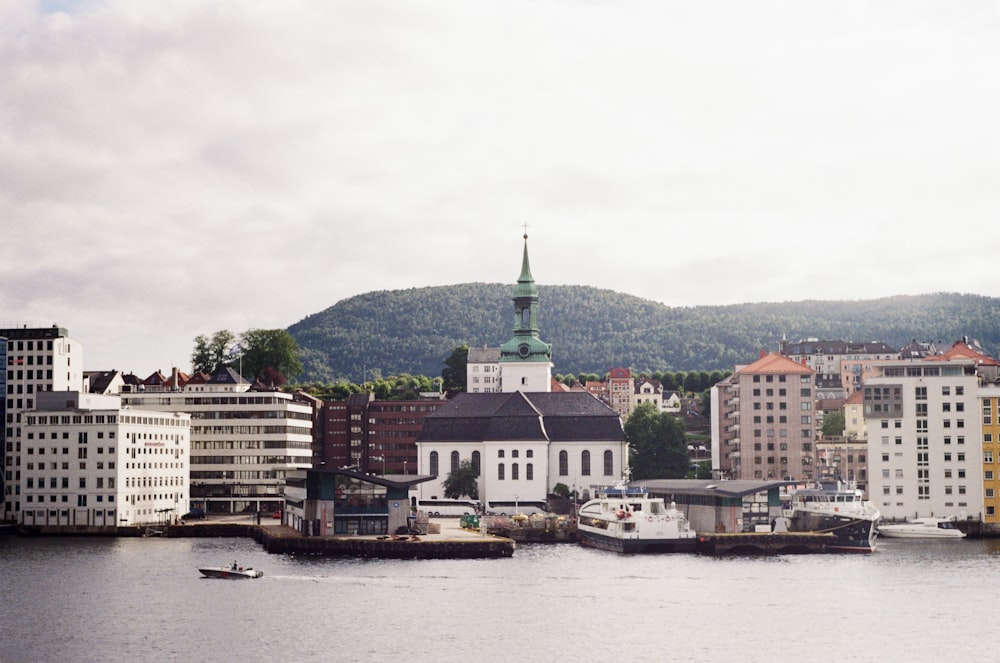 a large body of water with a city in the background