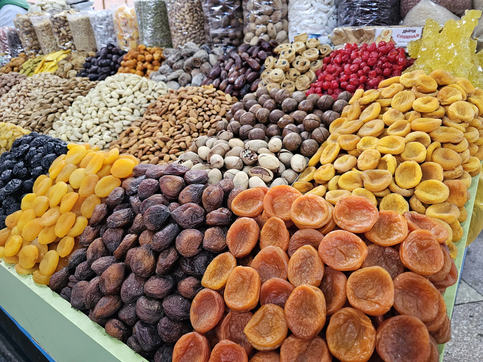 A market display piled with dried apricots, figs, raisins and nuts