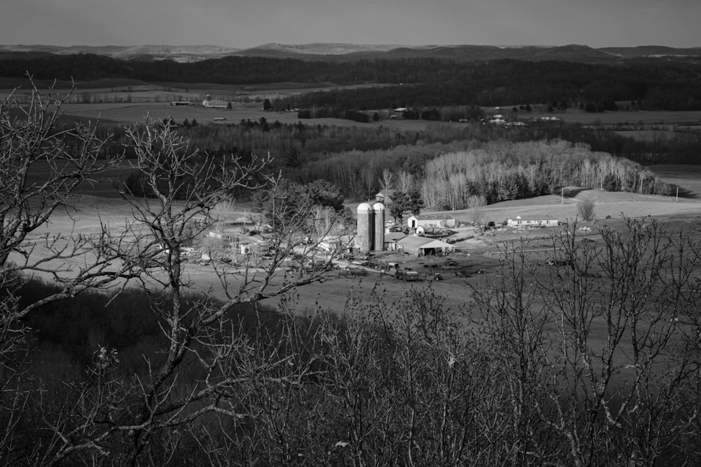 a black and white photo of a farm