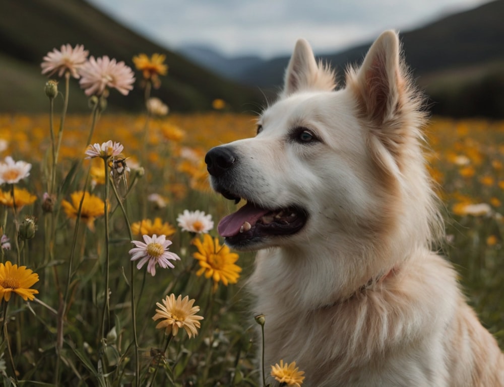 a dog sitting in a field of flowers