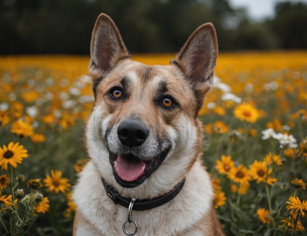 un cane marrone e bianco seduto in un campo di fiori
