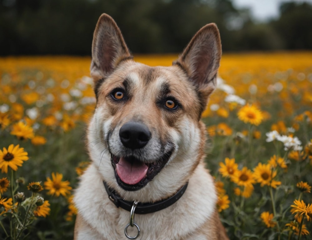 a brown and white dog sitting in a field of flowers