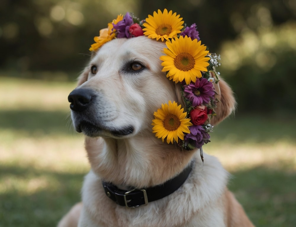 a dog with a flower crown on his head