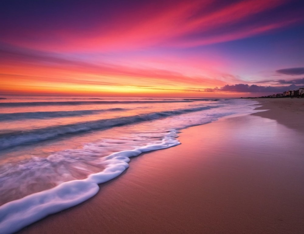 a beach with waves coming in to the shore