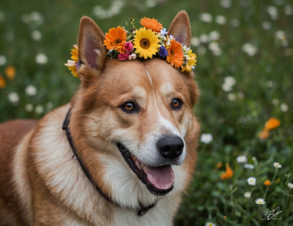 a brown and white dog wearing a flower crown
