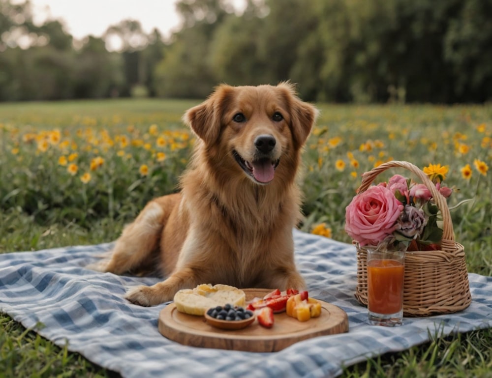 a dog sitting on a blanket with a basket of fruit