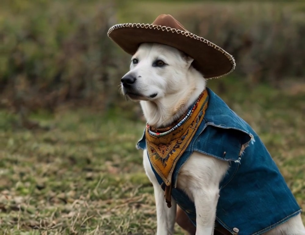 un cane bianco che indossa un cappello da cowboy e un giubbotto