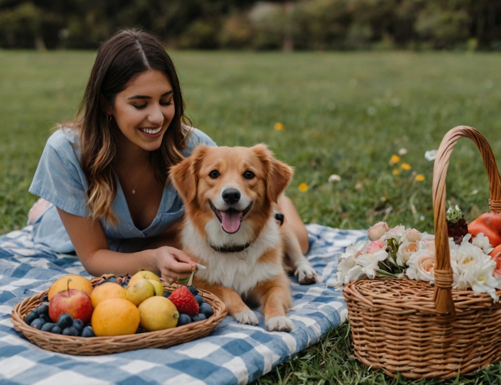 a woman sitting on a blanket with a dog next to a basket of fruit