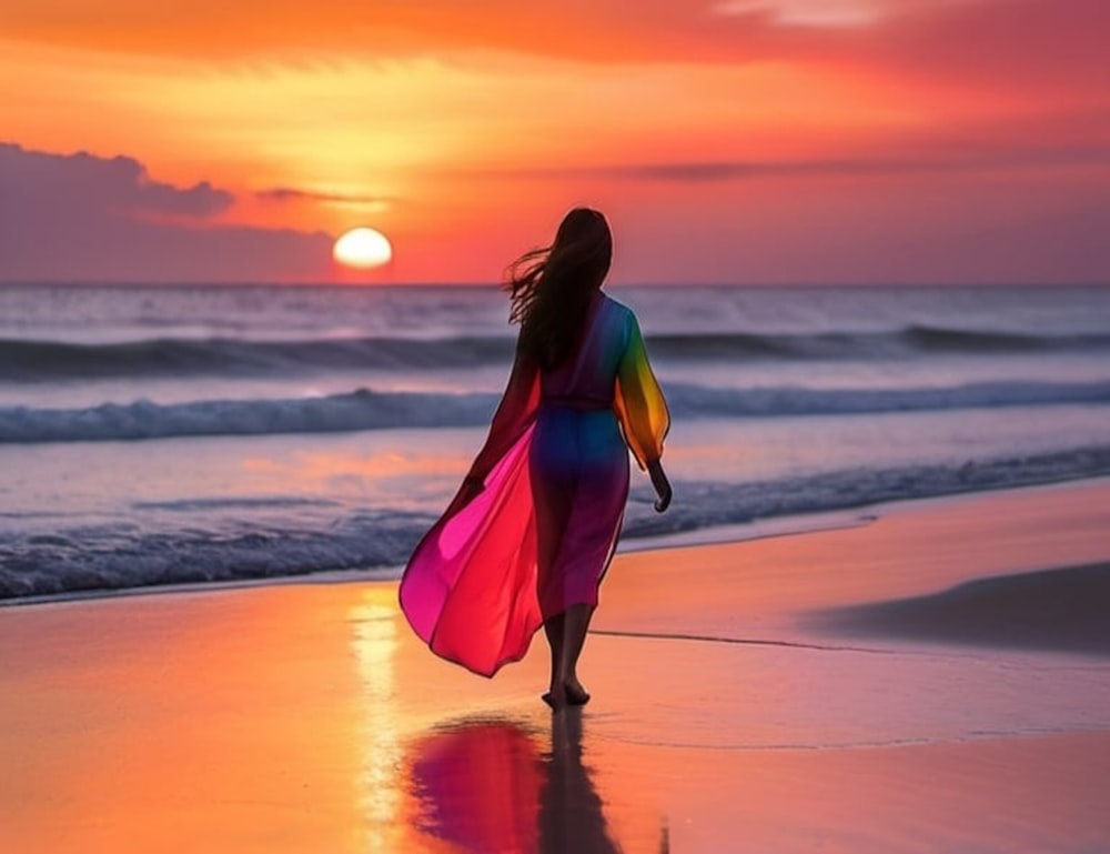 una mujer caminando por la playa al atardecer