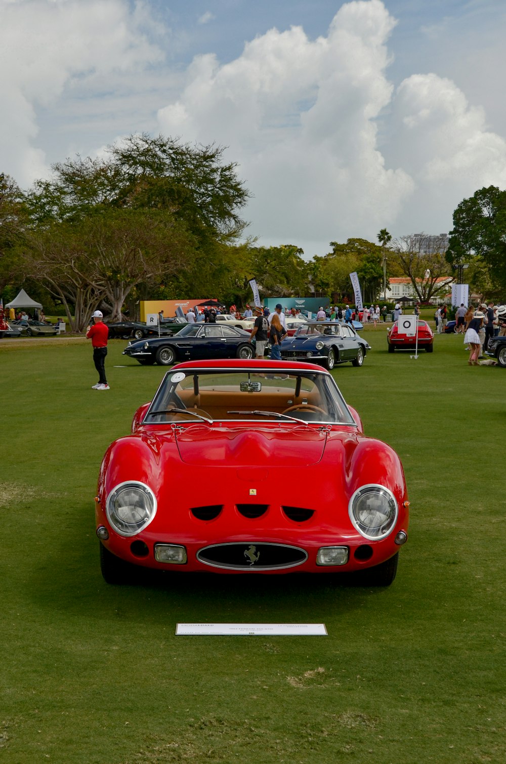 a red sports car parked on top of a lush green field