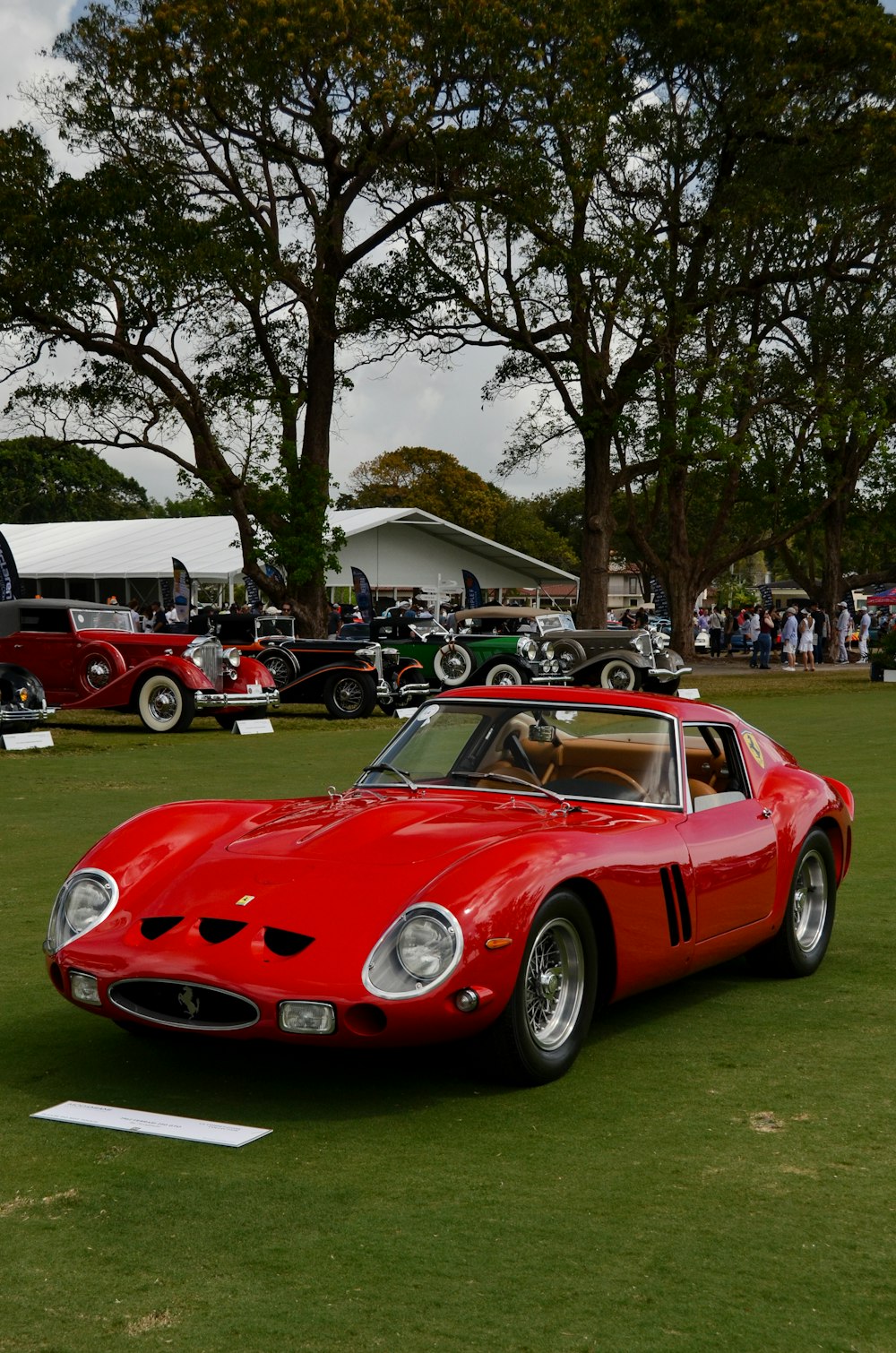 a red sports car parked on top of a lush green field