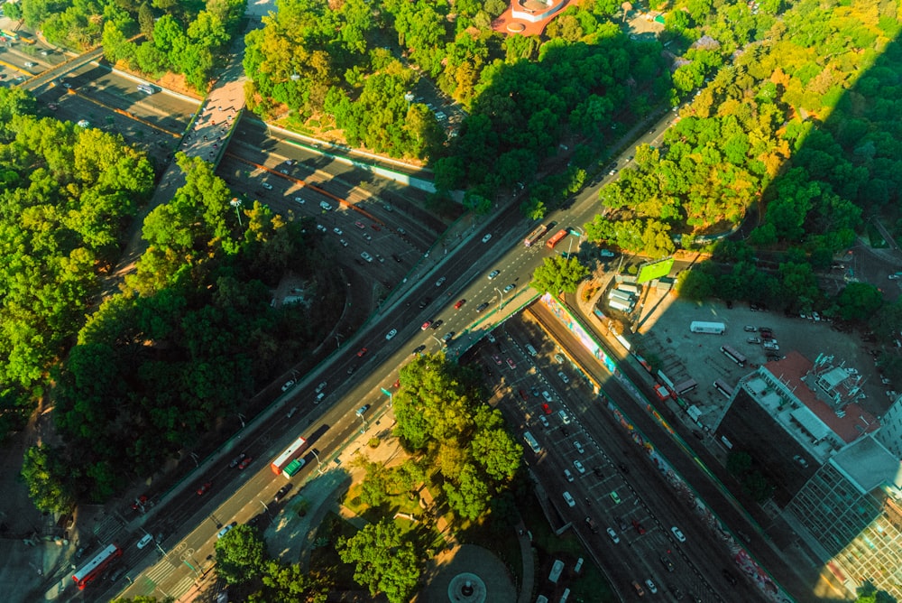 an aerial view of a city street and trees