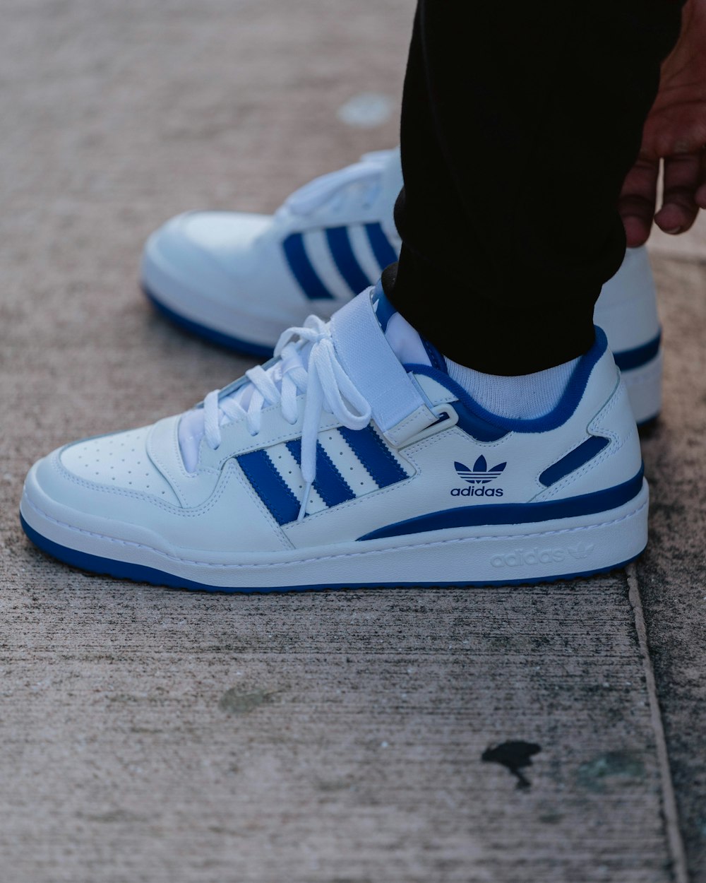 a close up of a person's white and blue adidas sneakers