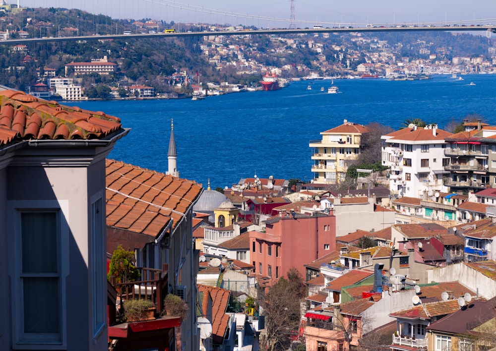 a view of a city with a bridge in the background