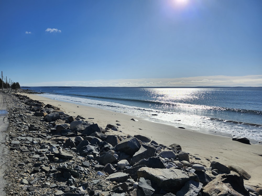 a view of a beach with rocks and water