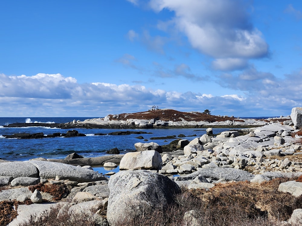 a rocky beach with a body of water in the background