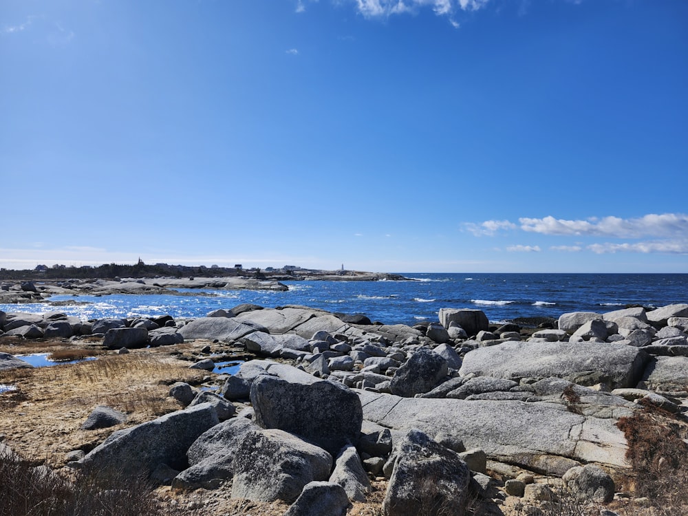 a rocky beach with a body of water in the background