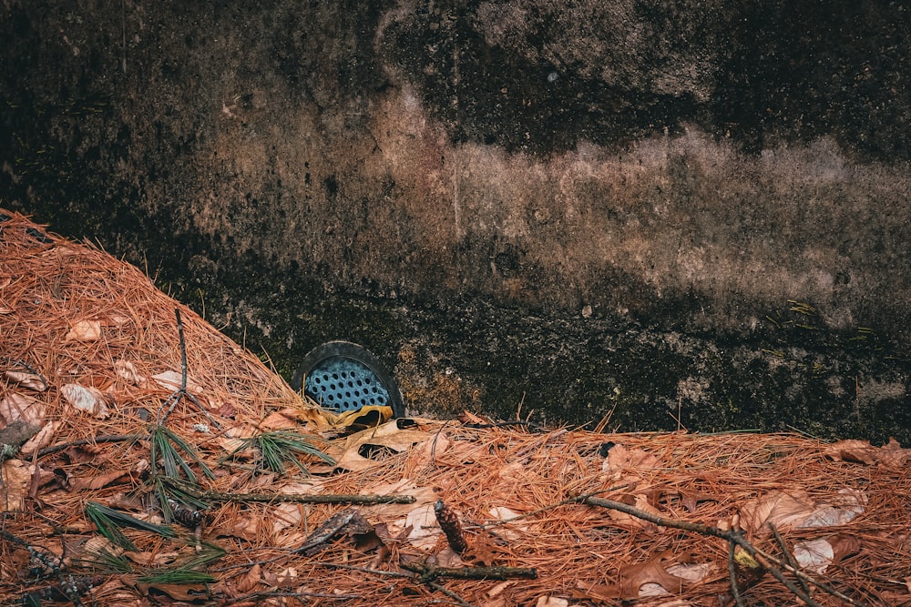 a pile of wood chips next to a wall