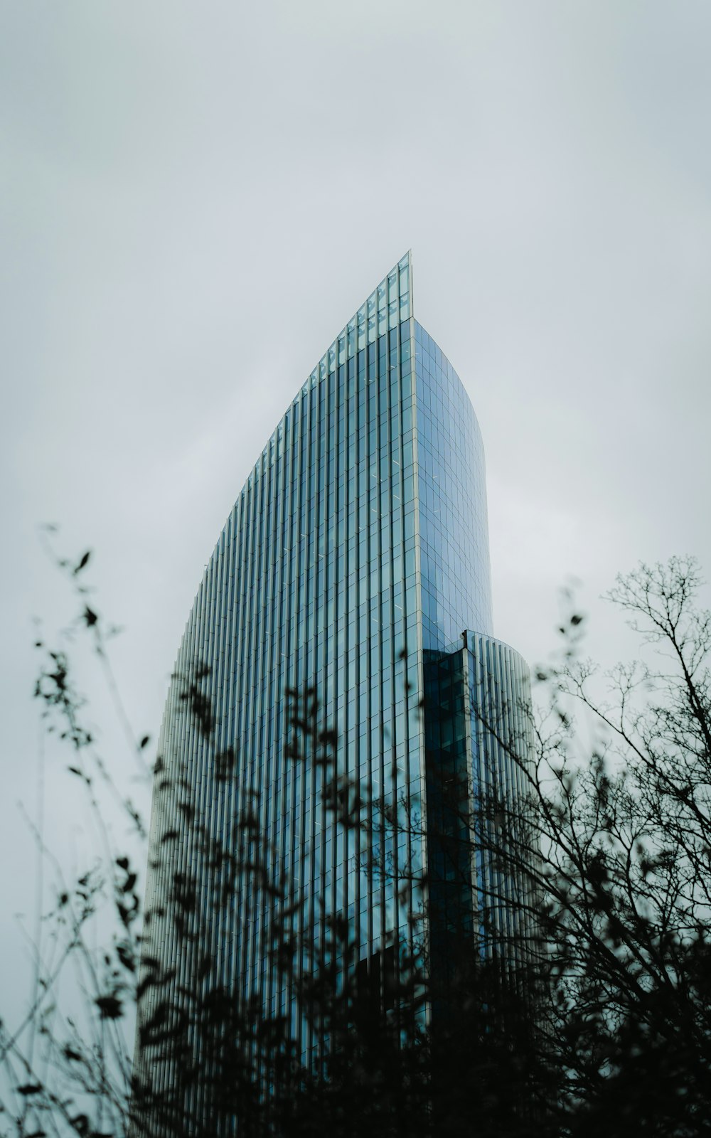 a tall glass building with trees in front of it