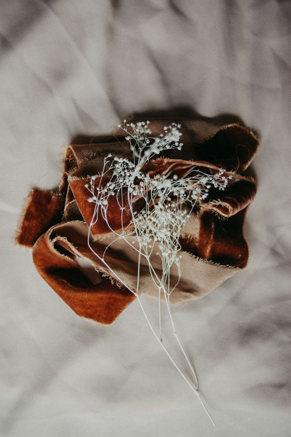 a bunch of white flowers sitting on top of a piece of cloth