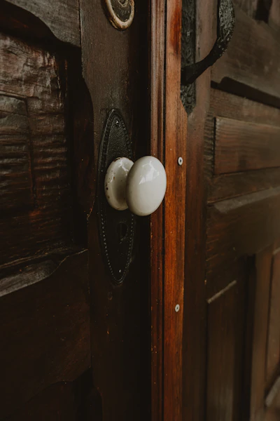 Close-up of a crafted wooden door