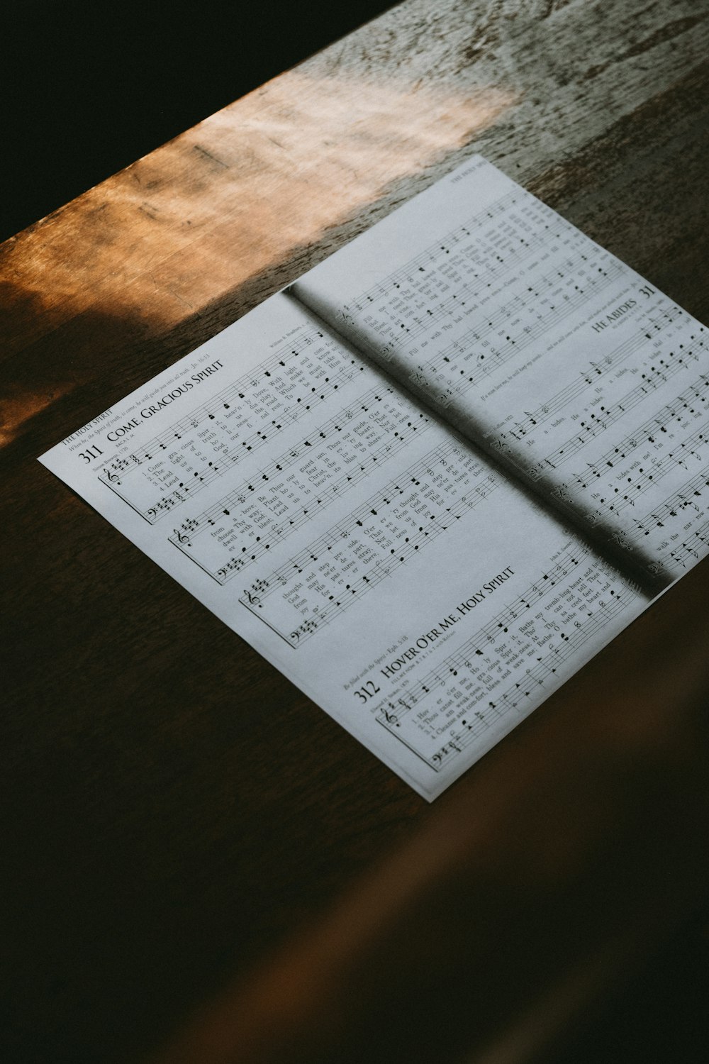 a sheet of music sitting on top of a wooden table