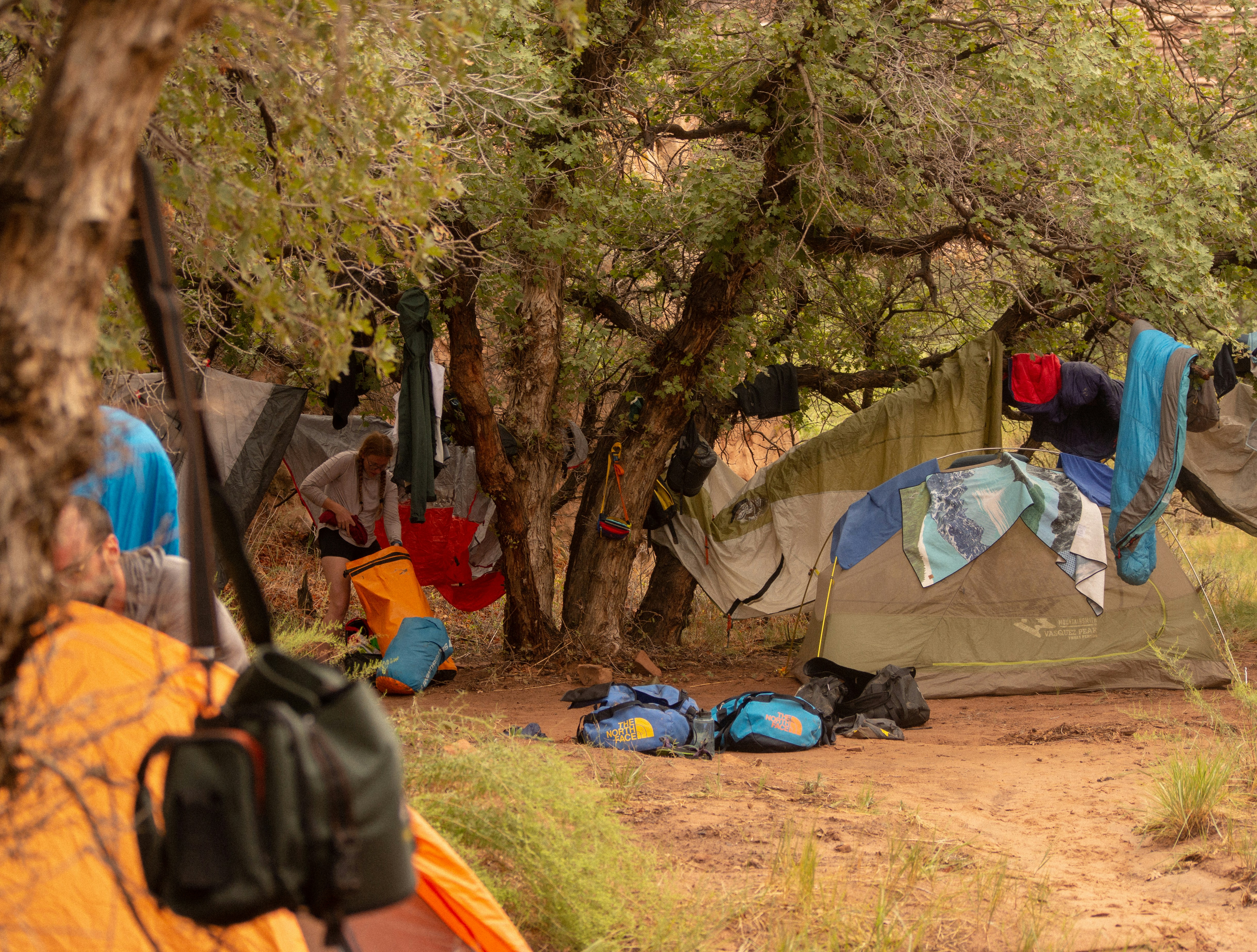 A group of people camping in the woods