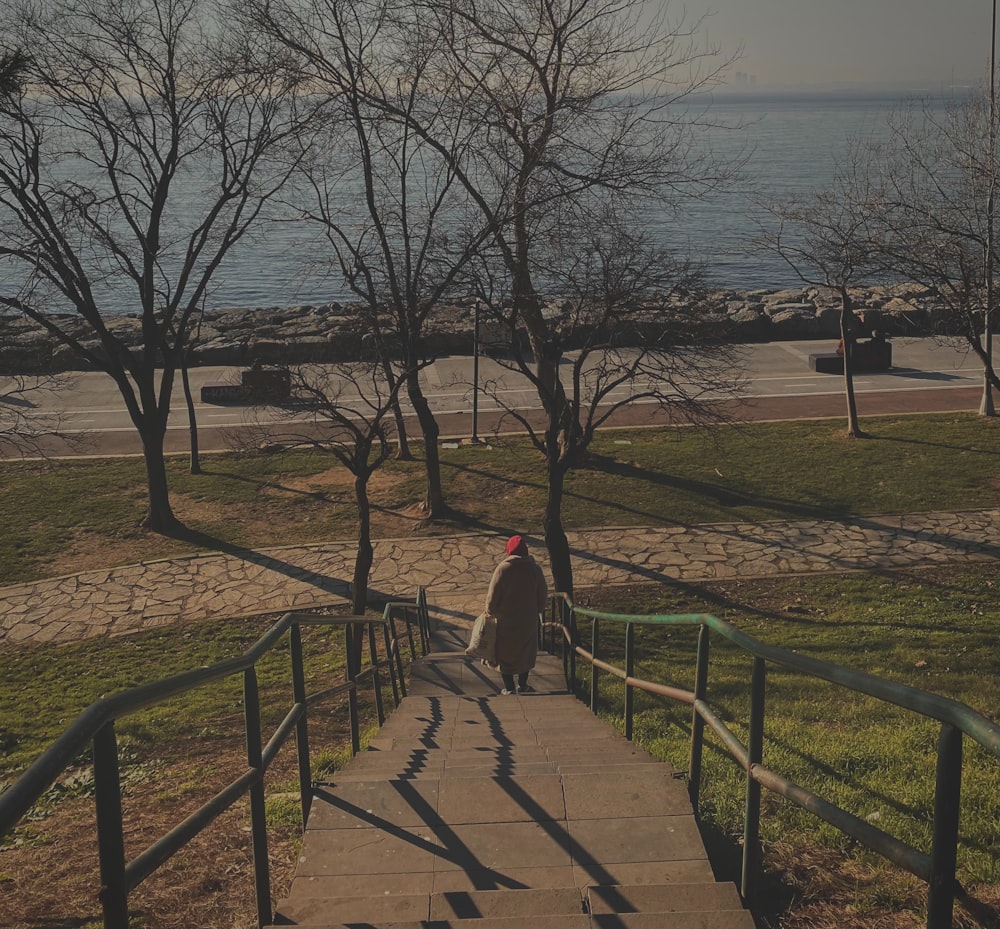 a person walking up a set of stairs