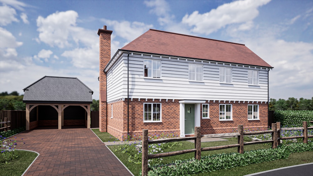 a rendering of a house with a brick driveway