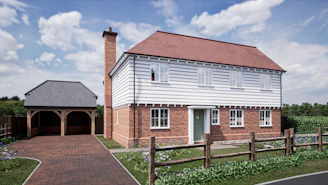 a rendering of a house with a brick driveway