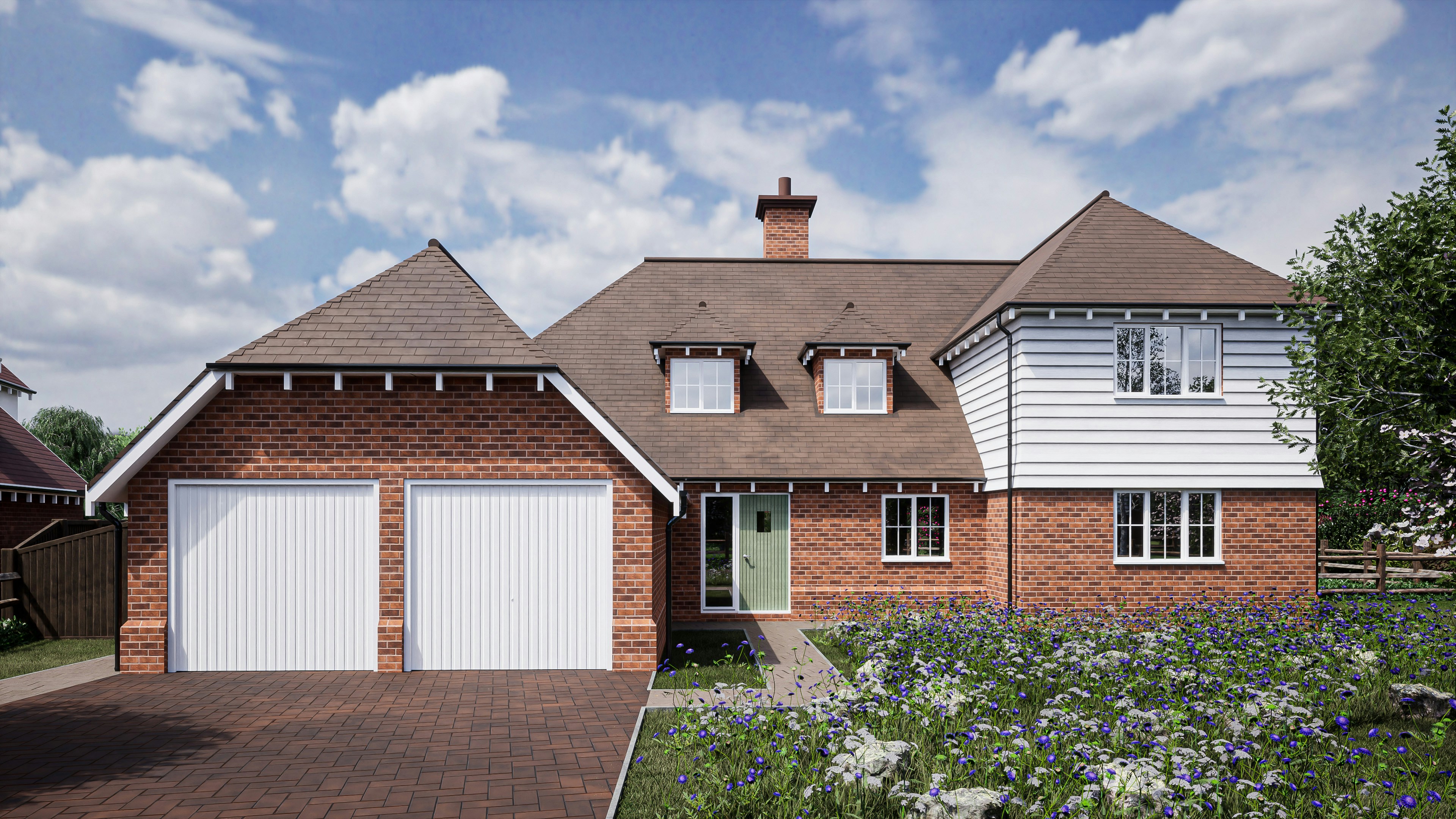 a large brick house with two garage doors