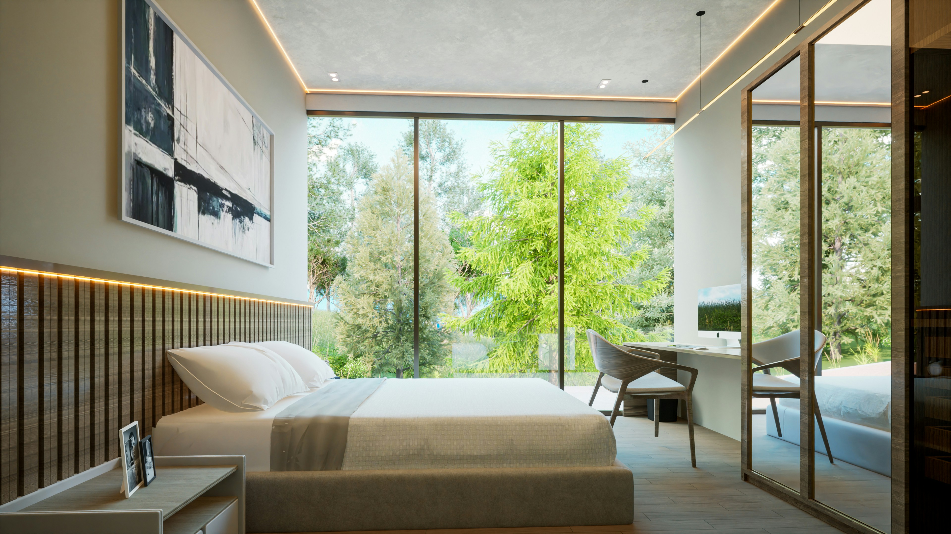 a bedroom with a bed and a desk