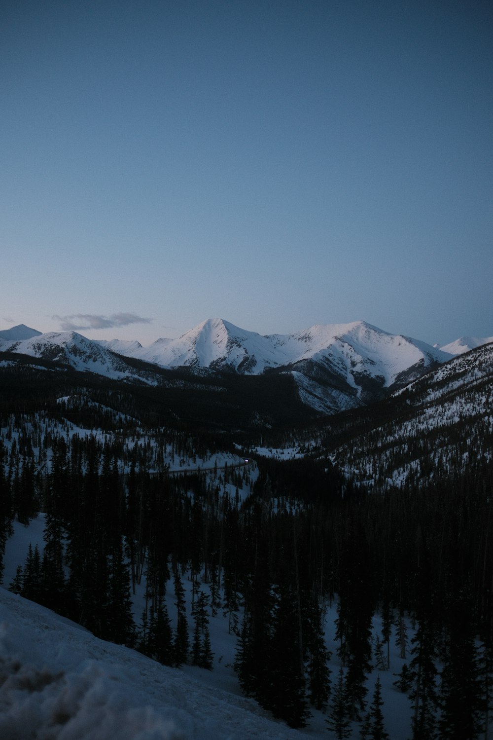 a view of a mountain range with trees in the foreground