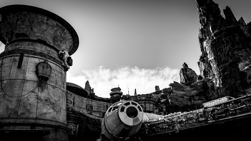 a black and white photo of a castle