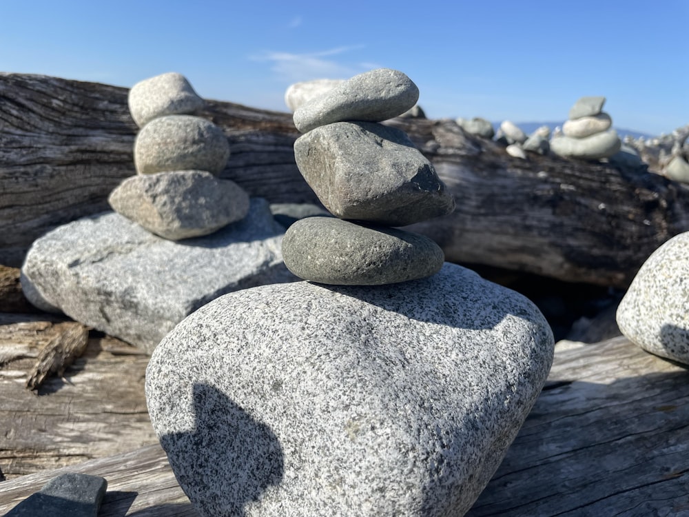 a pile of rocks sitting on top of a wooden table
