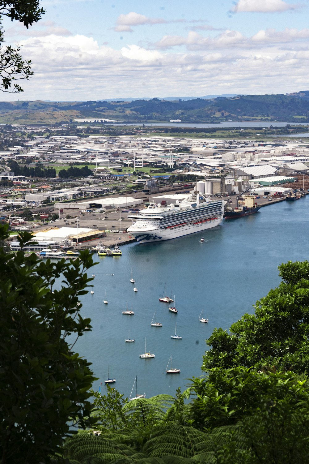 a cruise ship docked in a harbor next to a city