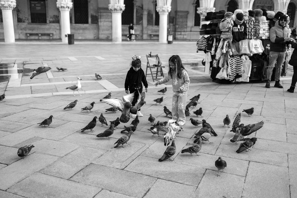 a group of people standing around a flock of birds