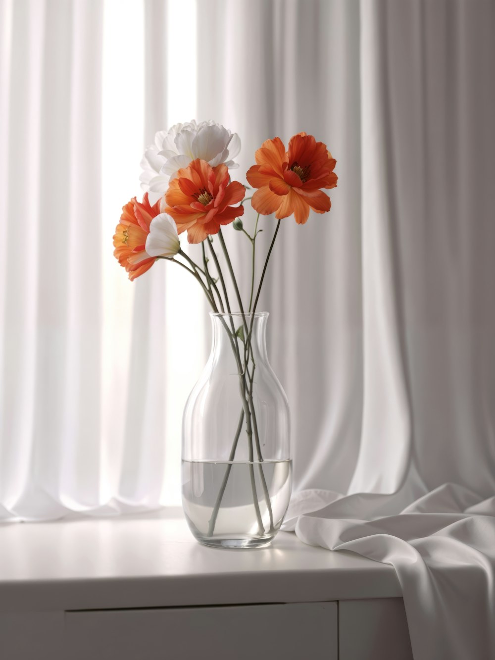 um vaso de vidro cheio de flores laranjas e brancas