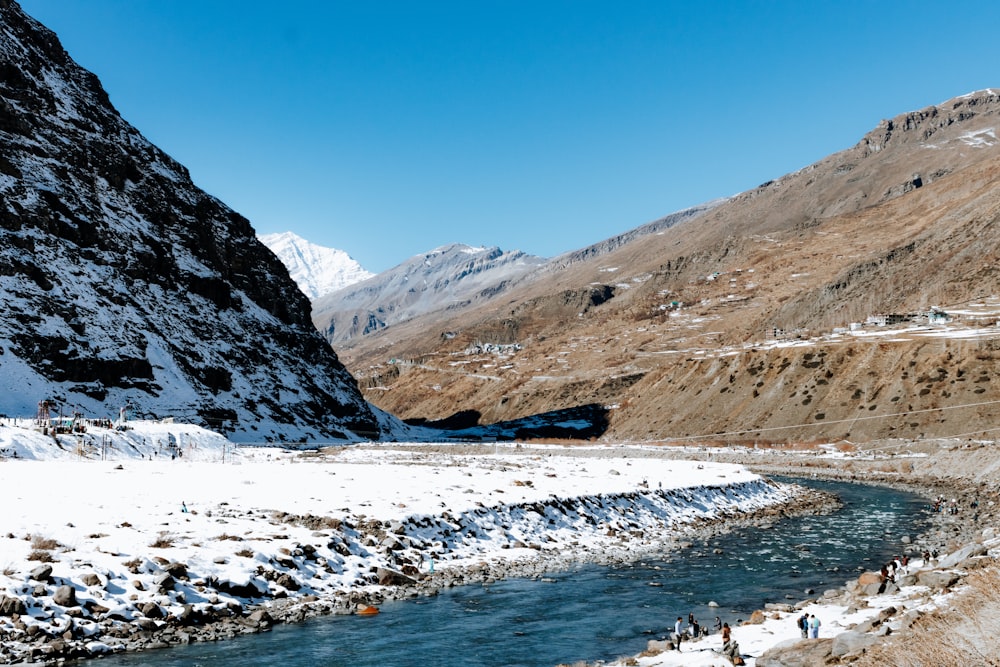 a river running through a snow covered valley