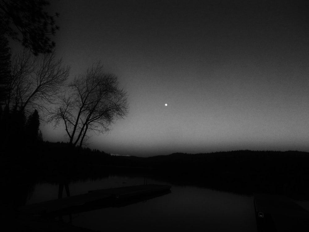 a black and white photo of a lake at night